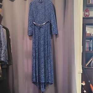 Amine Hima Women's Blue Floral Lace High Neck Long Sleeve Maxi Dress 42